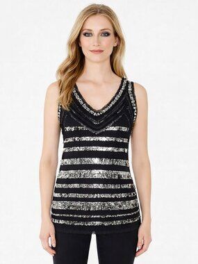 Sequin-Stripe Ruffle Trim V-Neck Tank Fall Glam Party Gift Spring Summer